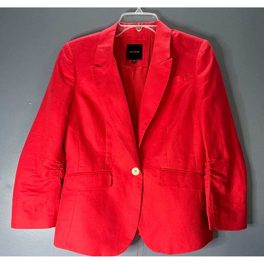 The Limited Linen Blend Coral Red Blazer Womens Medium One Button Ruched Sleeve